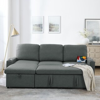 Pull Out Sleeper Sofa L-shape Linen Sectional Sofa with Storage Chaise ...