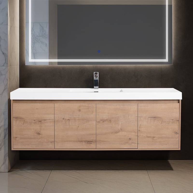 Blossom 60" Wall Mount Vanity with Single Acrylic Sink, Modern Design - Classic Oak