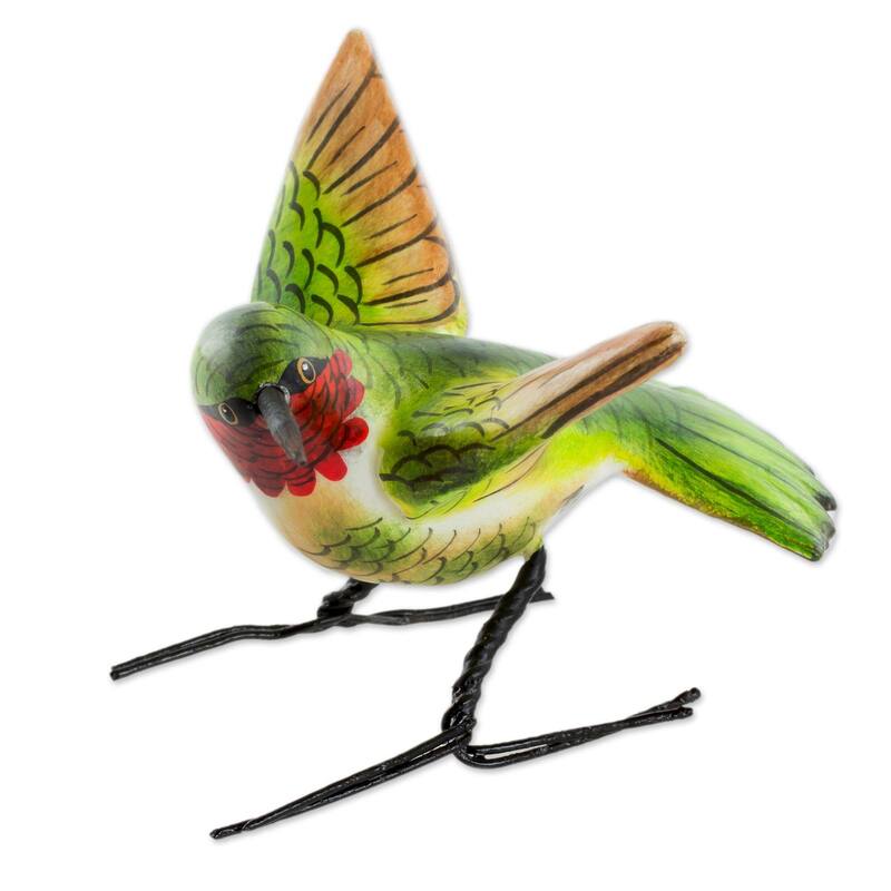 Handmade Ruby-Throated Hummingbird Ceramic Figurine (Guatemala) - 3.9 " L x 4.3" W x 3.0 " D
