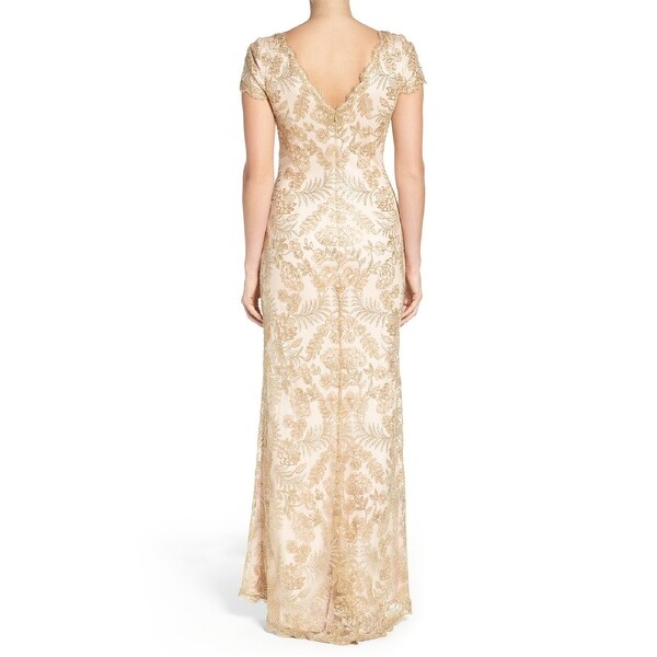 New Tadashi Shoji Yvonne Osprey Gold Sequin Gown 3 4 Sleeve Formal Dress Jatro Hr