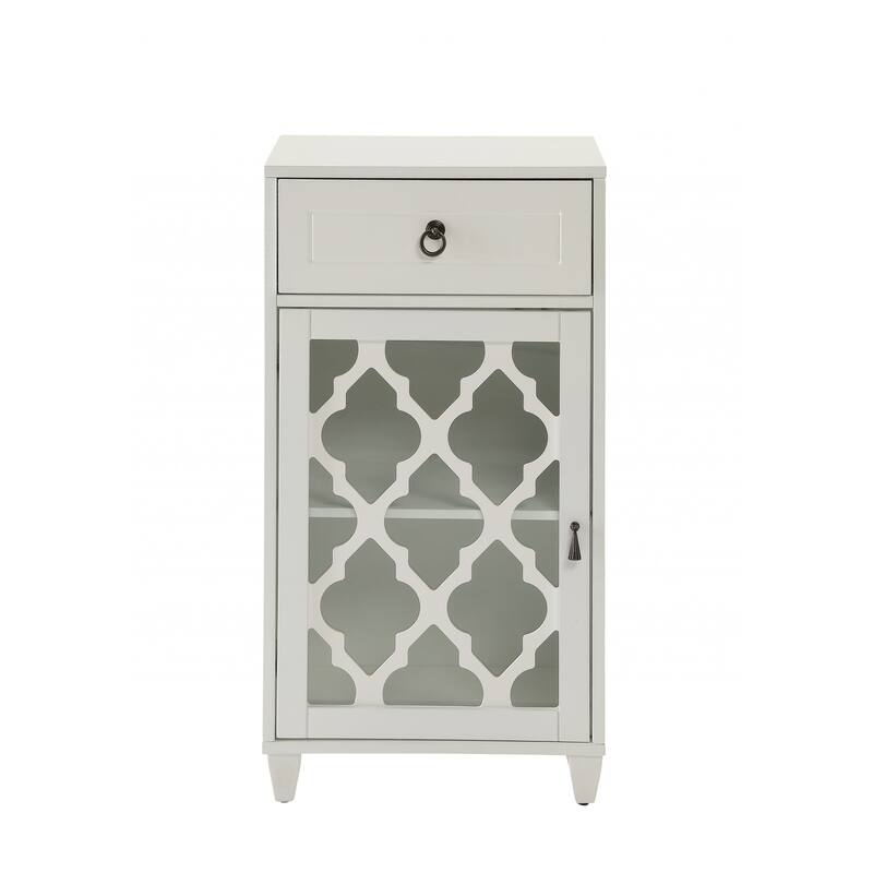 HomeRoots 17" White Fret Work Design Glass Door Accent Cabinet - 17" W x 11.8" D x 32.5" H
