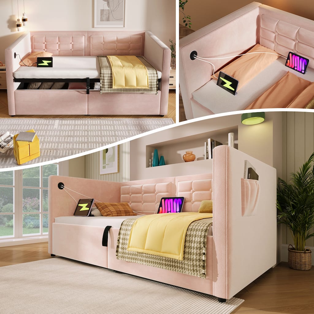 Twin Size Velvet Sofa Bed with USB & Type-C Charging, Hydraulic Storage, Pink