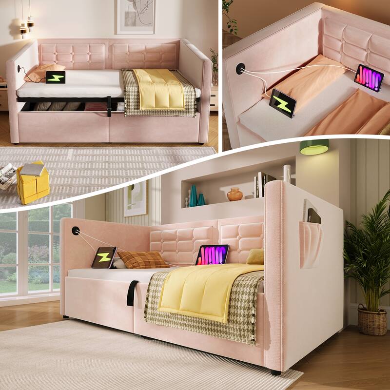 Velvet Tufted Upholstered Daybed Hydraulic Storage Twin Bed Frame with USB & Type-C Charging, Side Pockets and Wooden Slats