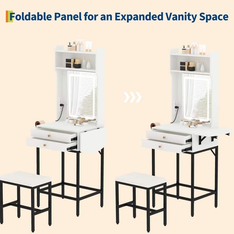 Small Makeup Vanity Desk with LED Mirror, Foldable Side Panel, 2 Drawers