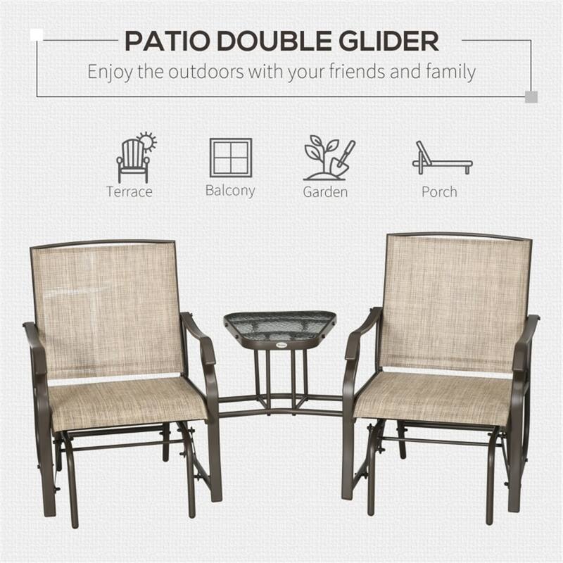 Outdoor Double Rocking Glider Chair with Built-In Tea Table and Steel Frame for 2 Person - 76.75" L x 34.75" W x 35" H