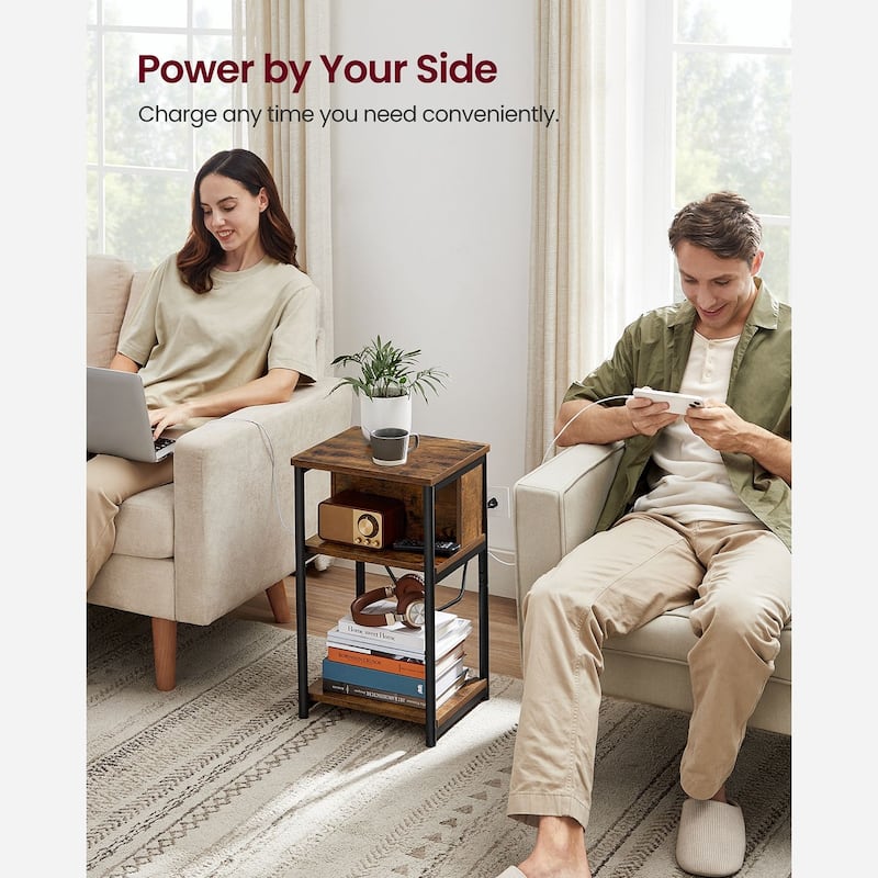 Side Table with Charging Station, 3-Tier End Table with USB Ports and Outlets, Nightstand for Living Room, Bedroom