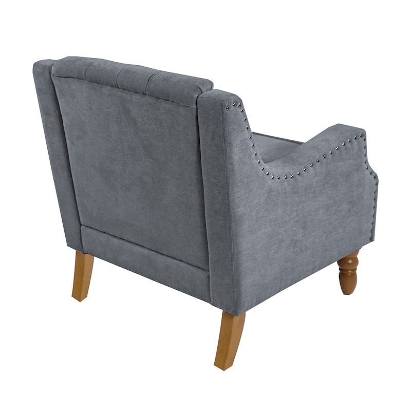 Linen Fabric Upholstered Accent Chair, Button Tufted Backrest Sofa Chair, Lounge Armchair with Rivet Decor & Solid Wood Legs