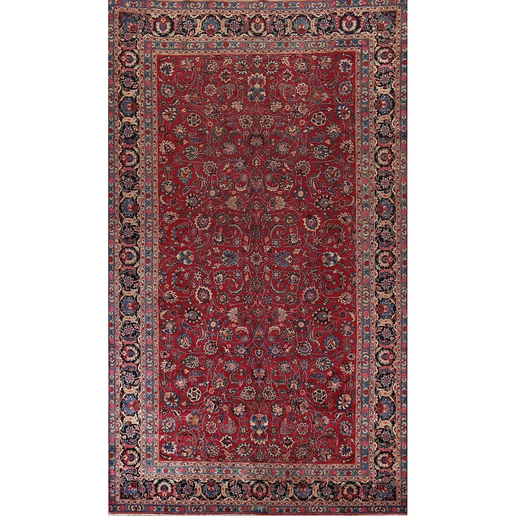 Floral Mashad Large Antique Persian Area Rug Handmade Wool Carpet - 9'6" x 16'4"