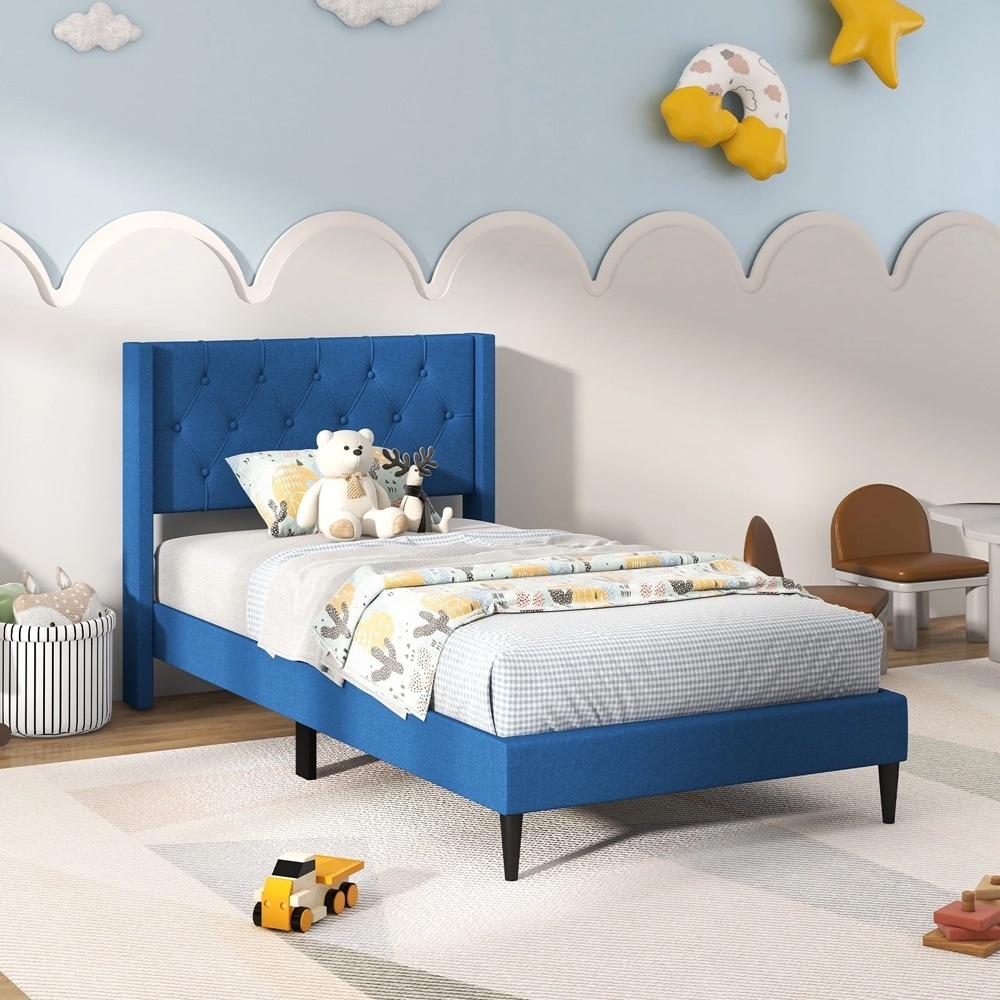 Twin Upholstered Platform Bed Button Tufted Wingback Headboard Blue