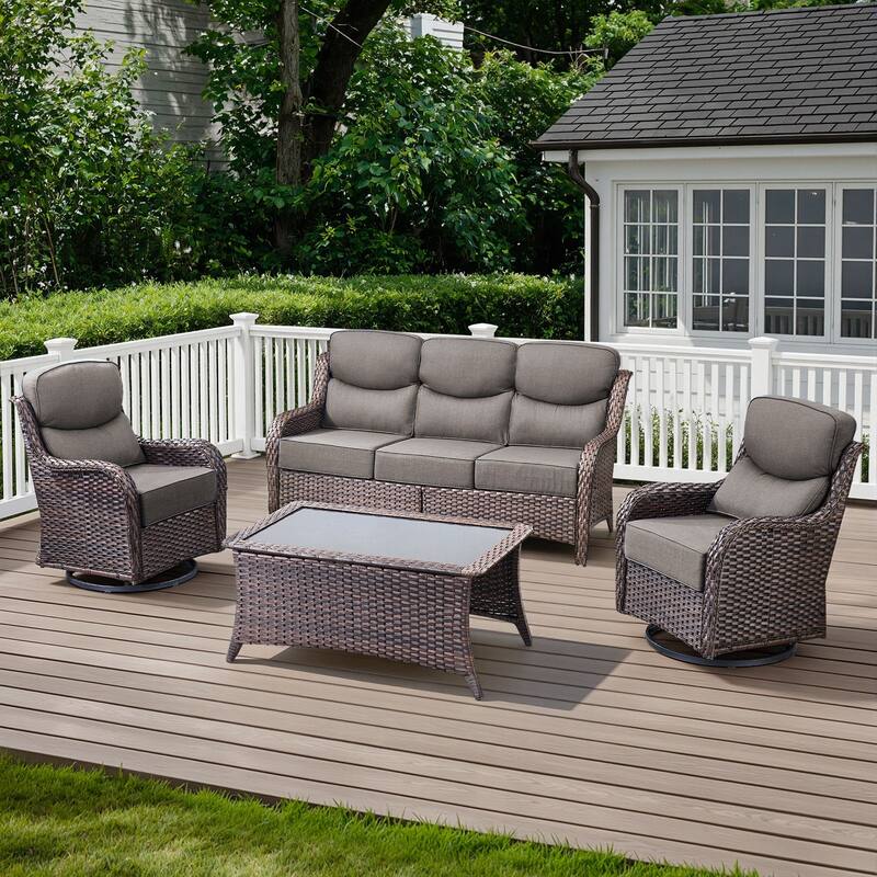 Arcadia 4-Piece Wicker Outdoor Patio Conversation Set with Swivel Gliders and 6-Inch Thick Olefin Cushions