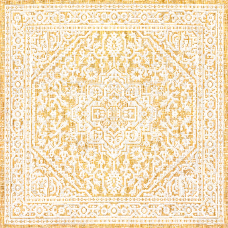 JONATHAN Y Rozetta Medallion Textured Weave Indoor/Outdoor Area Rug - 5' Square - Yellow/Cream