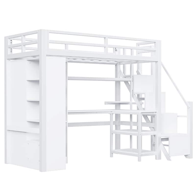 Twin Size Metal Loft Bed Frame with L-Shaped Desk, USB Ports, Storage Shelf, Wardrobe and Stepped Stairs for Bedroom