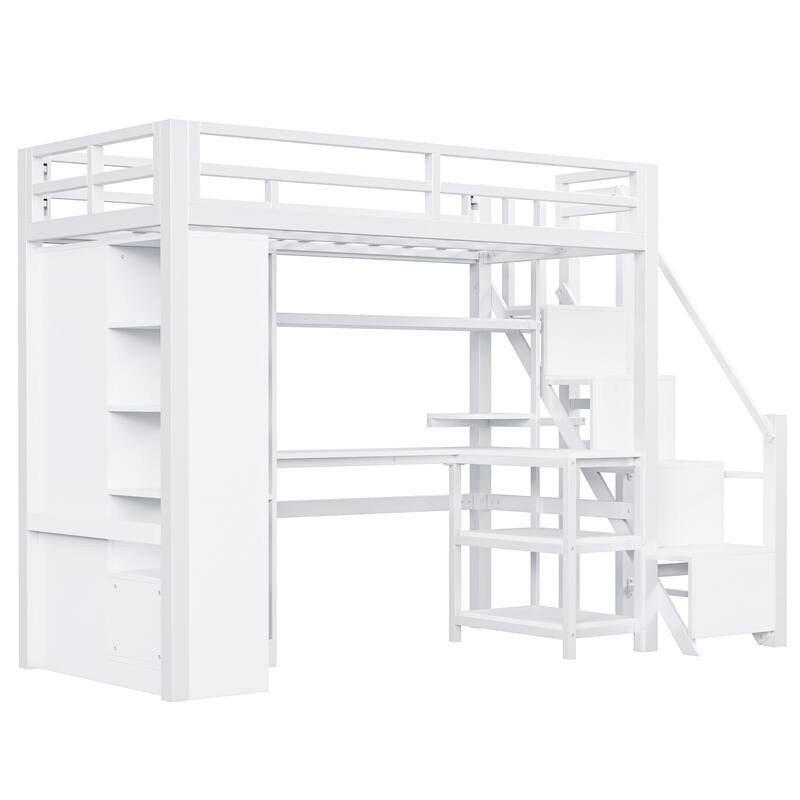 White Loft Bed w/Desk, Wardrobe & Stepped Stairs, Metal Loft Bed Storage Bed Frame w/ USB Ports & 5-Layer Shelf for Adults, Kids