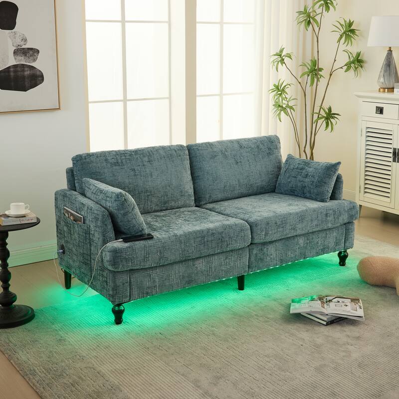 Modern Style Chenille 2-Seater Wood-Legged Sofa With Led Light,USB Charging Port And Storage Bag Living Room Bedroom Study Room