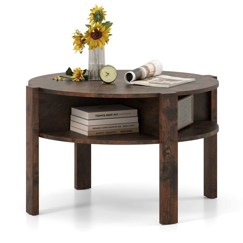 Gymax 29.5'' 2-Tier Round Coffee Table w/ Storage 4 Shelves Faux