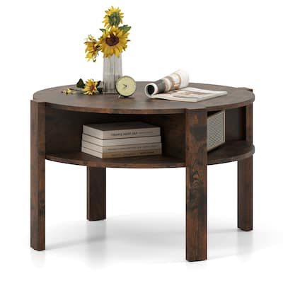 Gymax 29.5'' 2-Tier Round Coffee Table w/ Storage 4 Shelves Faux