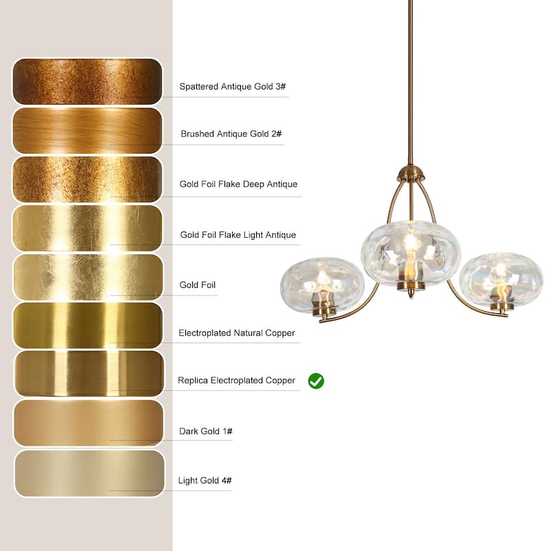 Mid-century Modern Gold 3-Light Chandelier with Textured Colored Art Glass Shade for Dining Room Bedroom - D 31" x H 14"