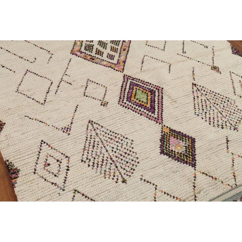 Ivory Moroccan Oriental Area Rug Handmade Tribal Wool Carpet - 5'0"x 8'8"