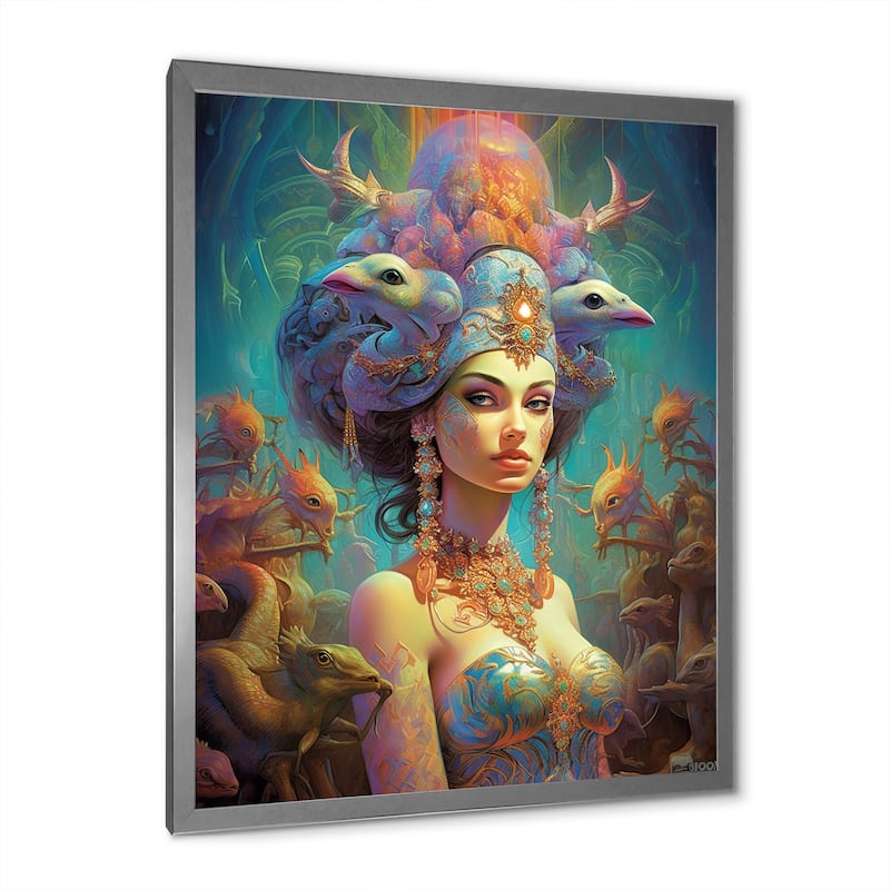 Designart "Exquisite Goddess In Psychedelic Pastels" Fashion Woman Framed Wall Art Living Room