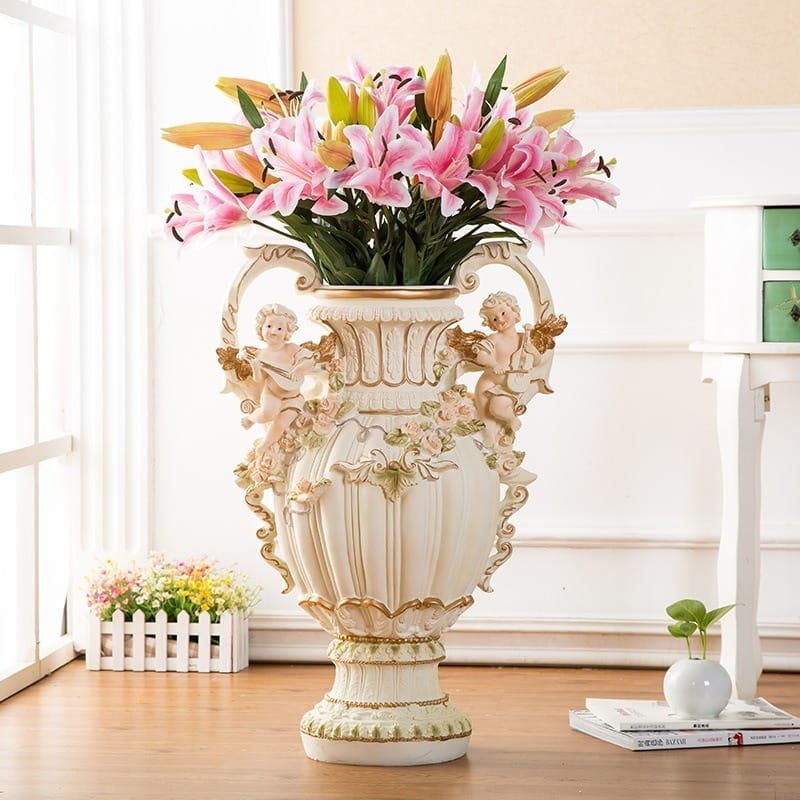 28.35"H x 19.70"L x 13.20"W European Style Angel Cupid Vase, Resin Handicraft Decor, for Living Room & Indoor Spaces