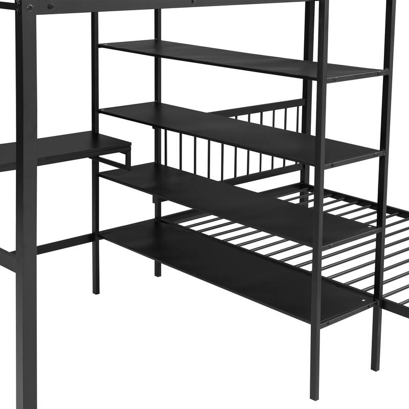 Full Over Twin Metal Bunk Bed with Desk and Storage Shelves, Heavy-Duty Frame, No Box Spring Required