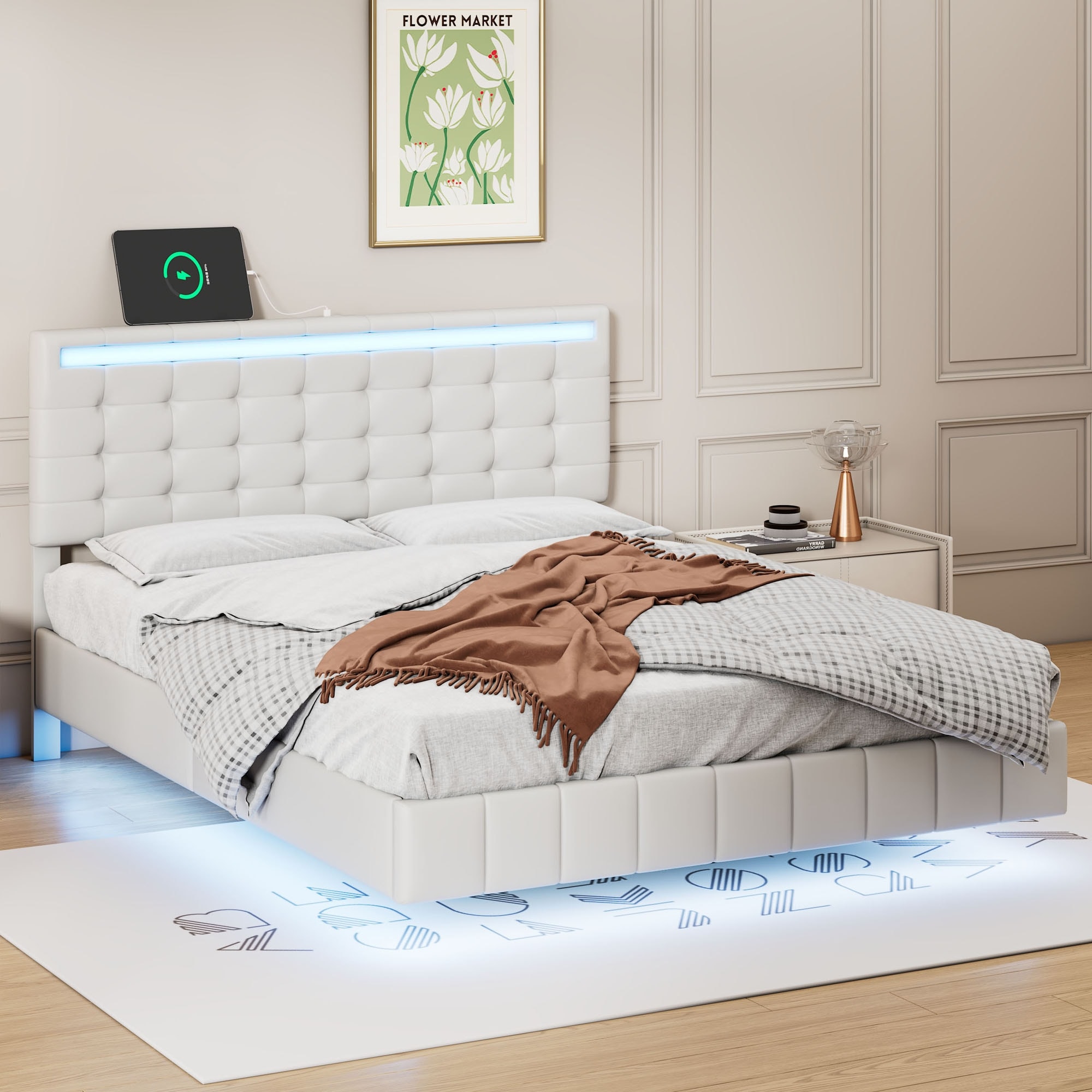 Modern Plywood Upholstered Platform Bed Frame Full Size Floating Bed Frame  and LED Lights, USB Charging for Bedroom, Full White - Bed Bath \u0026 Beyond -  39202481, image size:2000x2000