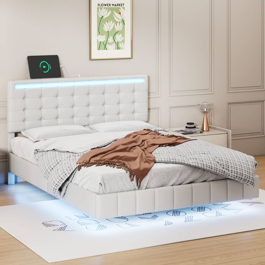 White Modern Full Upholstered Floating Bed Frame with LED Lights and USB Charging, 600 lbs Capacity