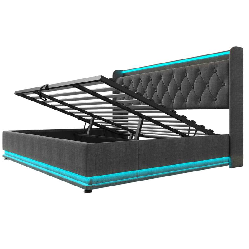 Metal Frame Storage Bed LED Linen Upholstered Platform Bed, King