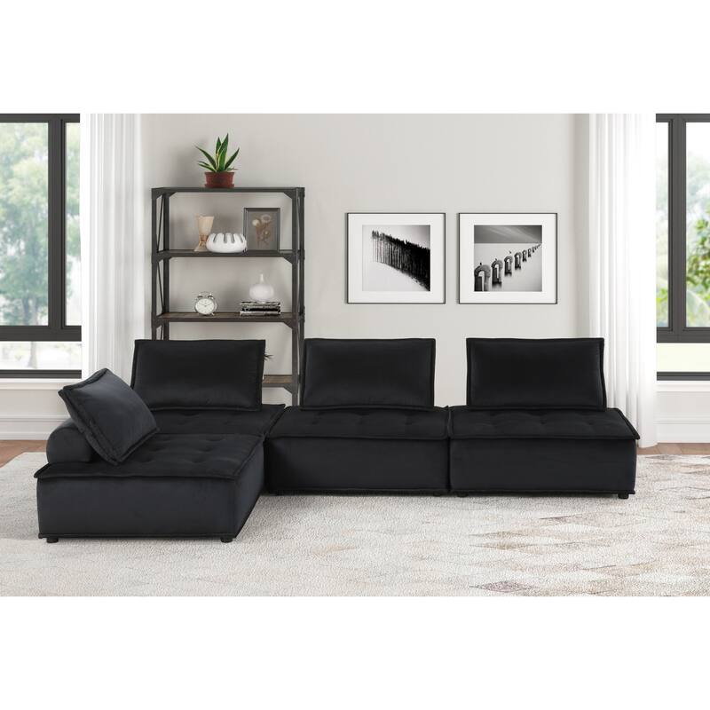 Anna 120-inch Black Velvet 4-Piece Sectional Sofa Ottoman - 120"W x 80"D x 29"H