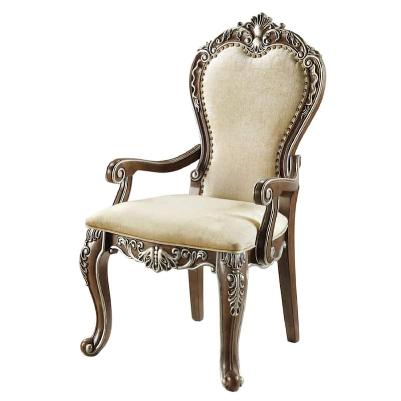 24 Inch Classic Upholstered Armchair, Scrolled Details, Nailhead, Brown