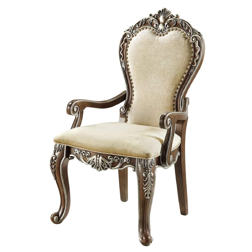 24 Inch Classic Upholstered Armchair, Scrolled Details, Nailhead, Brown