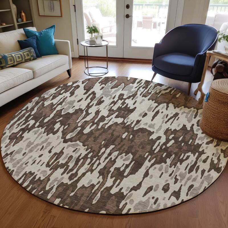 Machine Washable Indoor/ Outdoor Modern Watercolor Chantille Rug - Brown - 8' x 8'