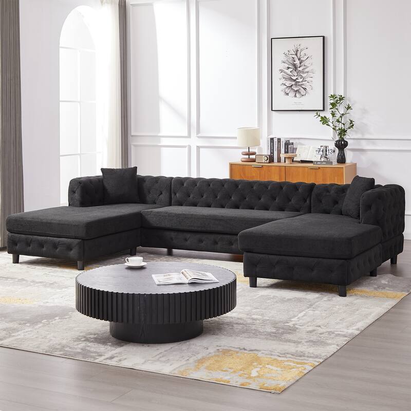 U-Shaped Chenille Sofa with Two Chaise Longue Seats and Pillows.