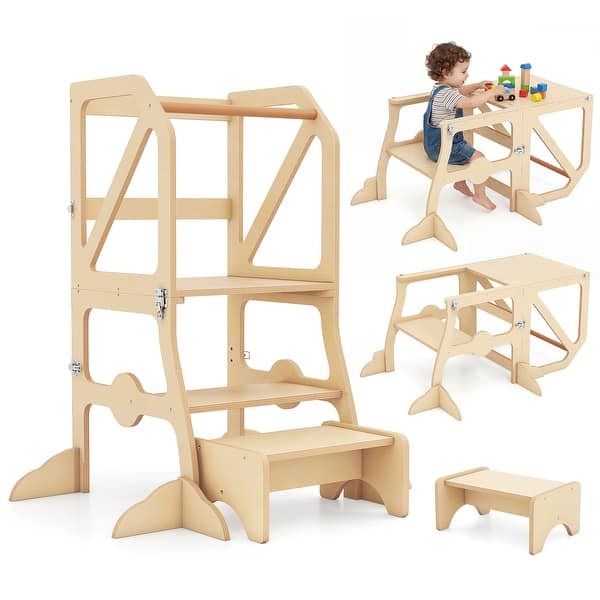 slide 2 of 10, Gymax 2 in 1 Toddler Tower w/Removable Safety Bar for Children 3+ Natural