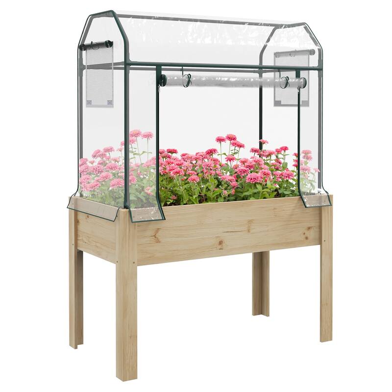 Outsunny Raised Garden Bed with Plastic Greenhouse Cover and Bed Liner, Outdoor Elevated Wood Planter Box