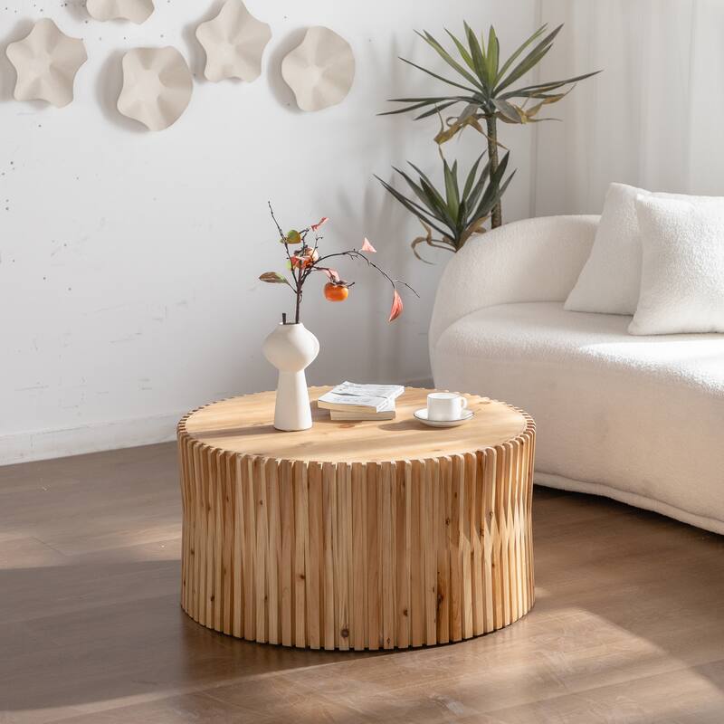 Cylindrical Coffee Table, 31.5" Solid Wood Coffee Table, Mid Century Modern Tea Table, Rustic Center Table for Living Room
