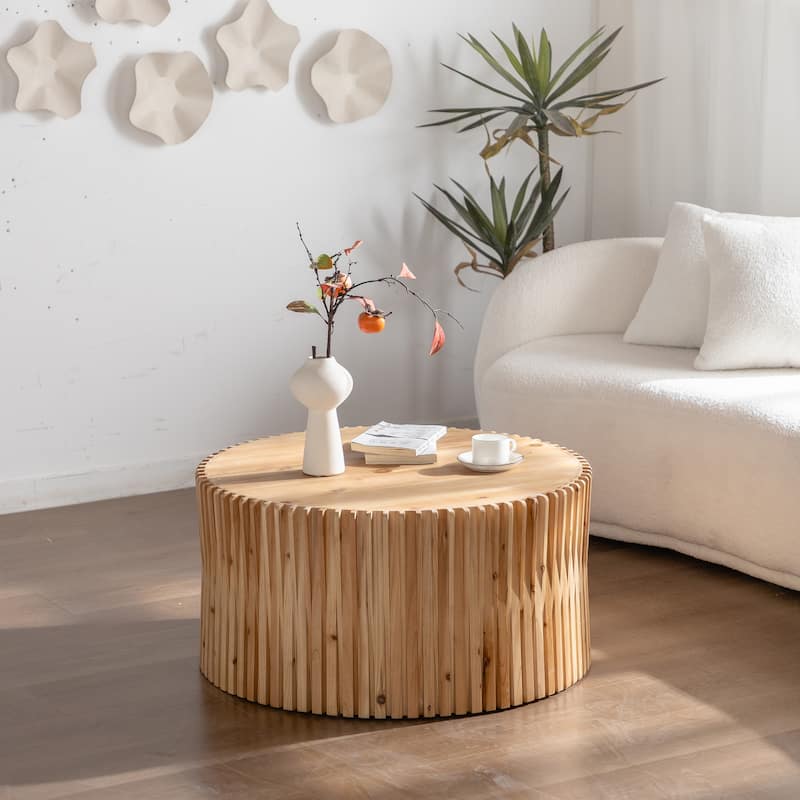 Cylindrical Coffee Table with Vertical Texture Relief Design