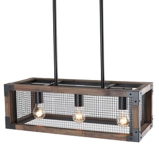 Anmytek 3-Light Rustic Rectangle Wood Chandelier - Island Light for Dining Room & Kitchen Island - 23.75''L×9.75''W×47''H