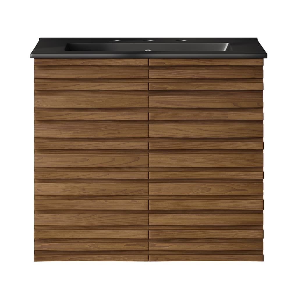 Cascade 24" Wall-Mounted Bathroom Vanity In Brown Oak With Black 3-Hole Widespread Sink Top - 24