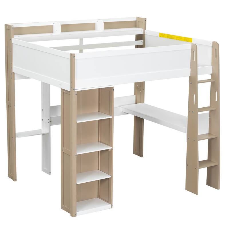 Full Size Wooden Loft Bed Frame with Built-in Storage Shelves, Open Cabinets, Clothes Rails and L-shape Desk