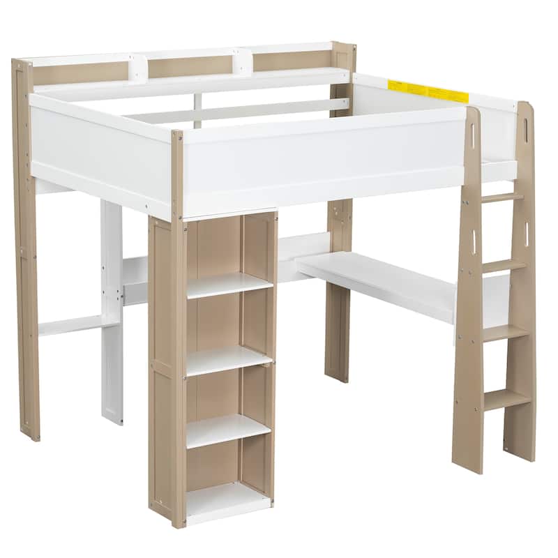 Modern Full Size Wood Loft Bed with Integrated Desk, Wardrobe, and Storage Shelves
