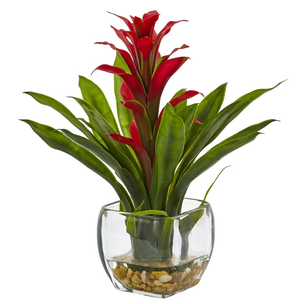 12" Artificial Bromeliad Plant with Glass Vase Arrangement