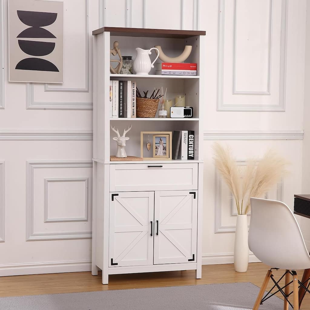 Bookshelf with Doors, 6-Tire Farmhouse Storage Cabinet Bookcase