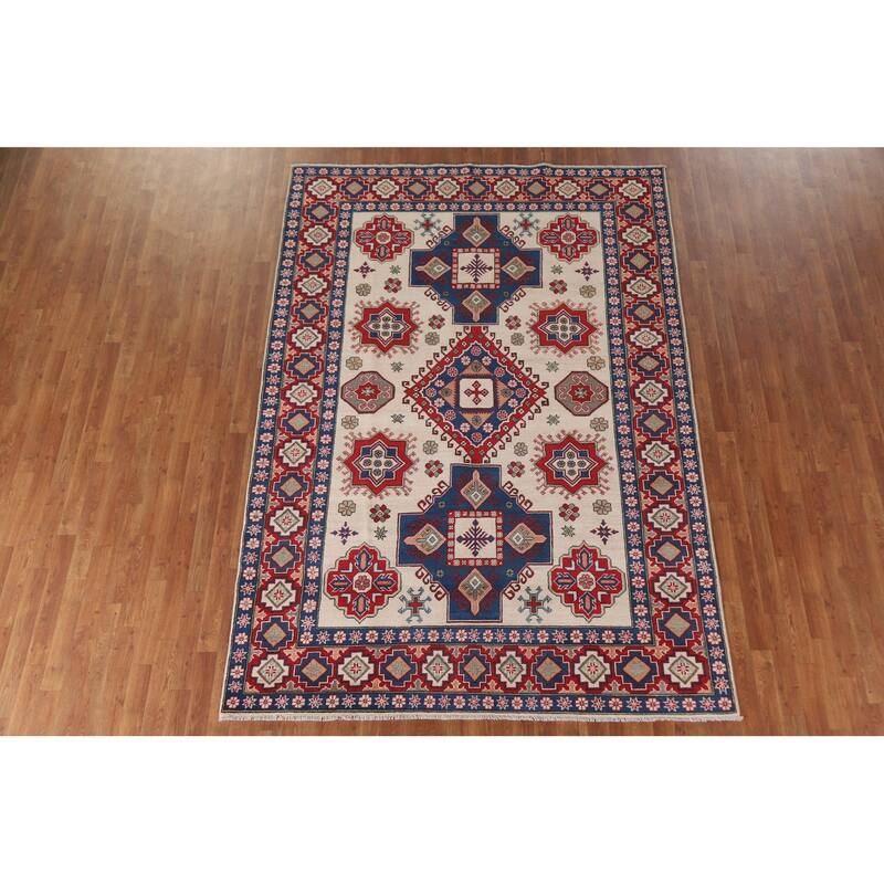 Hand Knotted Oriental 100% Wool Carpet Traditional Geometric Beige & Ivories Kazak Area Rug - 9' 7'' X 6' 7''
