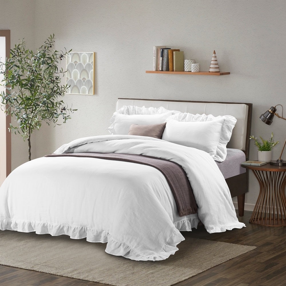 WHOLINENS Stone Washed French Linen Duvet Cover Set, Ruffled With Bow Ties Closure
