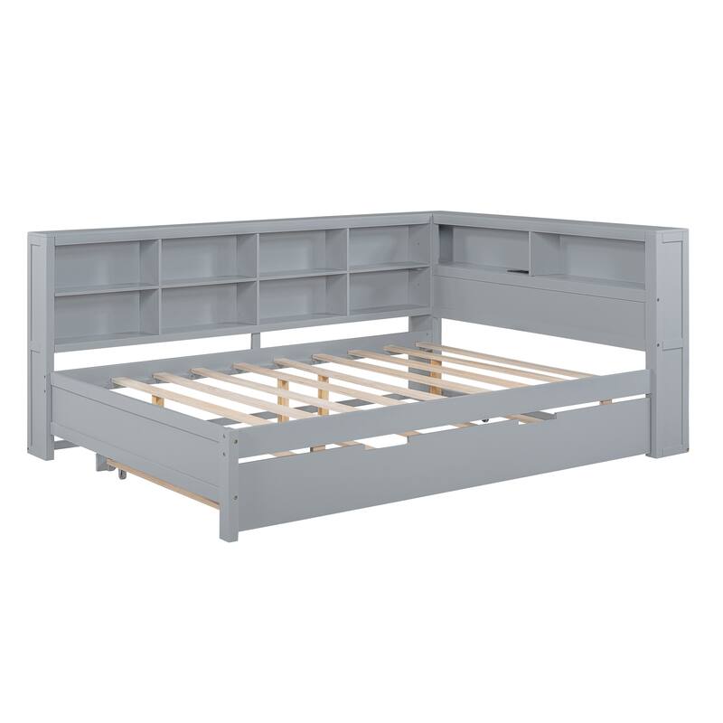 Wood Twin/Full Size DayBed with Twin Trundle, Storage Shelf and USB Charging Ports