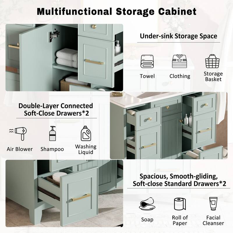 36" Green Bathroom Vanity with Ceramic Sink, Soft-Close Doors, 2 Double-Layer & 2 Standard Drawers, Adjustable Shelf