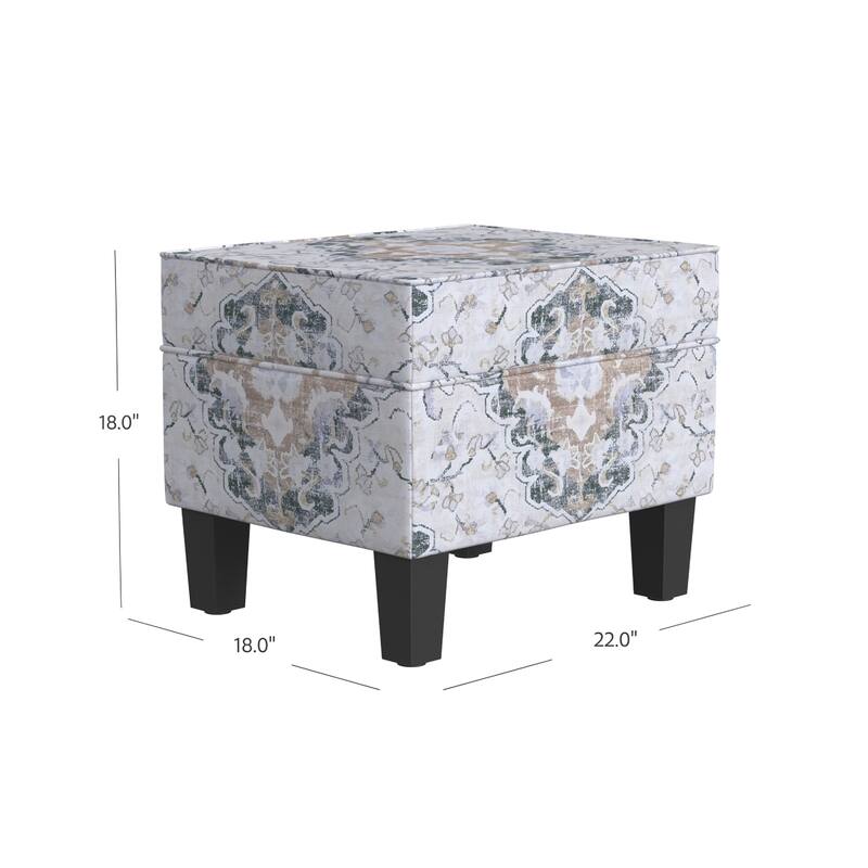 Ishi Accent Storage Ottoman, 22 Inch White Blue Print, Black Wood Legs