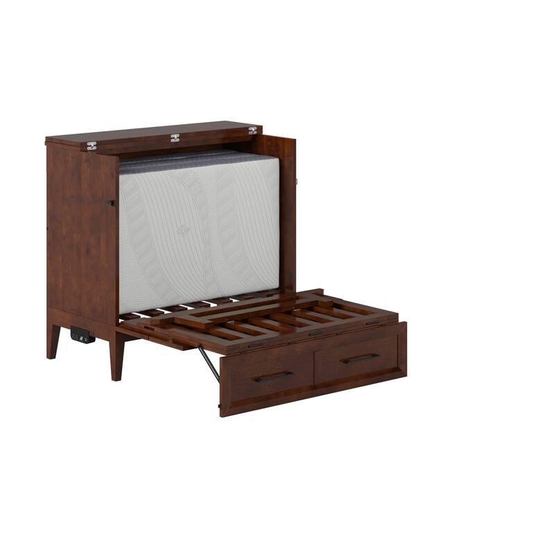 Murphy Bed Chest Twin Solid Wood with Mattress & Charger - Space Saving Bed