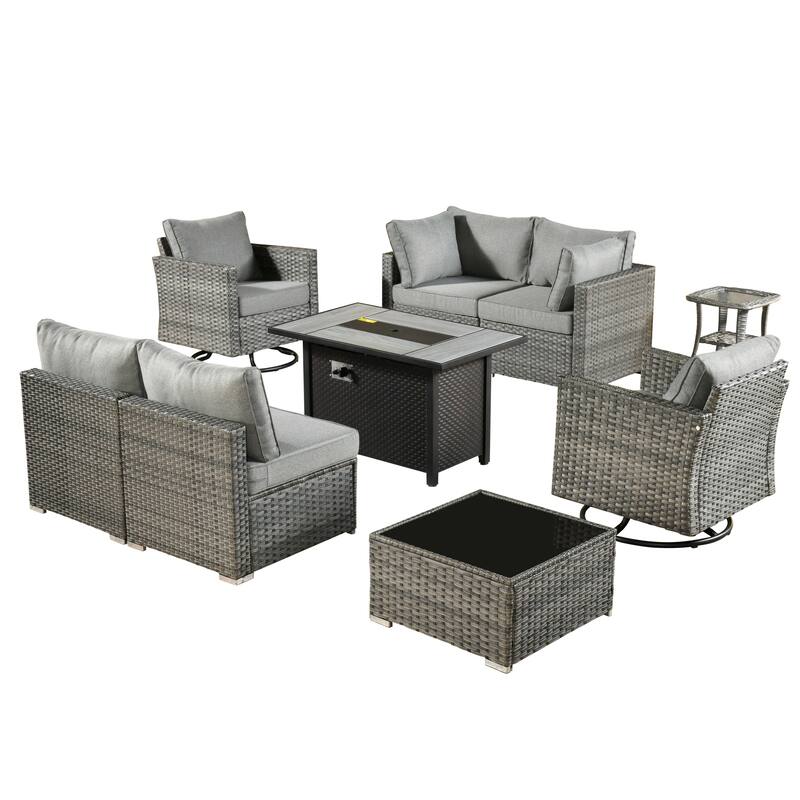 HOOOWOOO 9-piece Grey Rattan Outdoor Furniture Fire Pit Set with Swivel Chairs